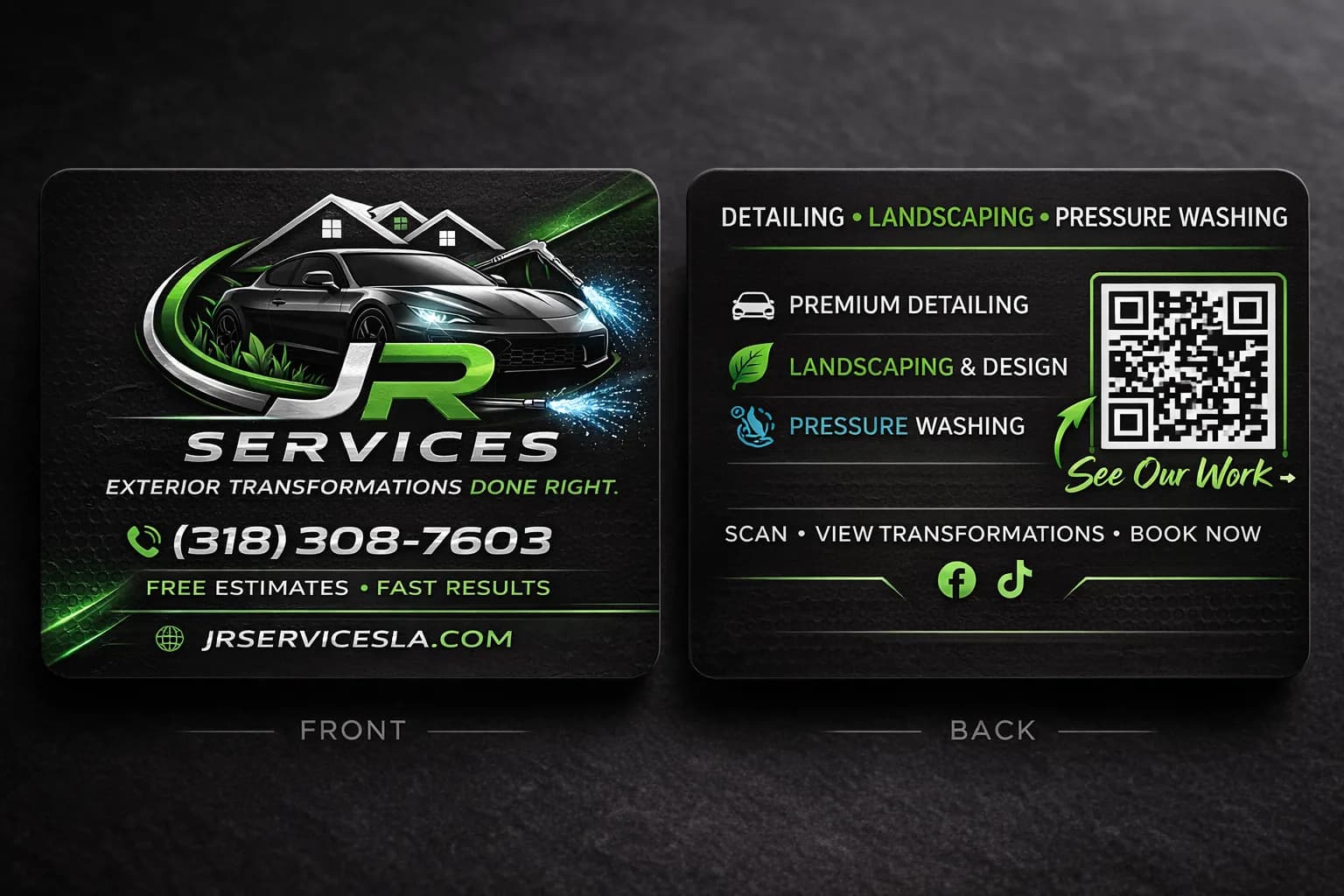 JR Services brand — business card front and back